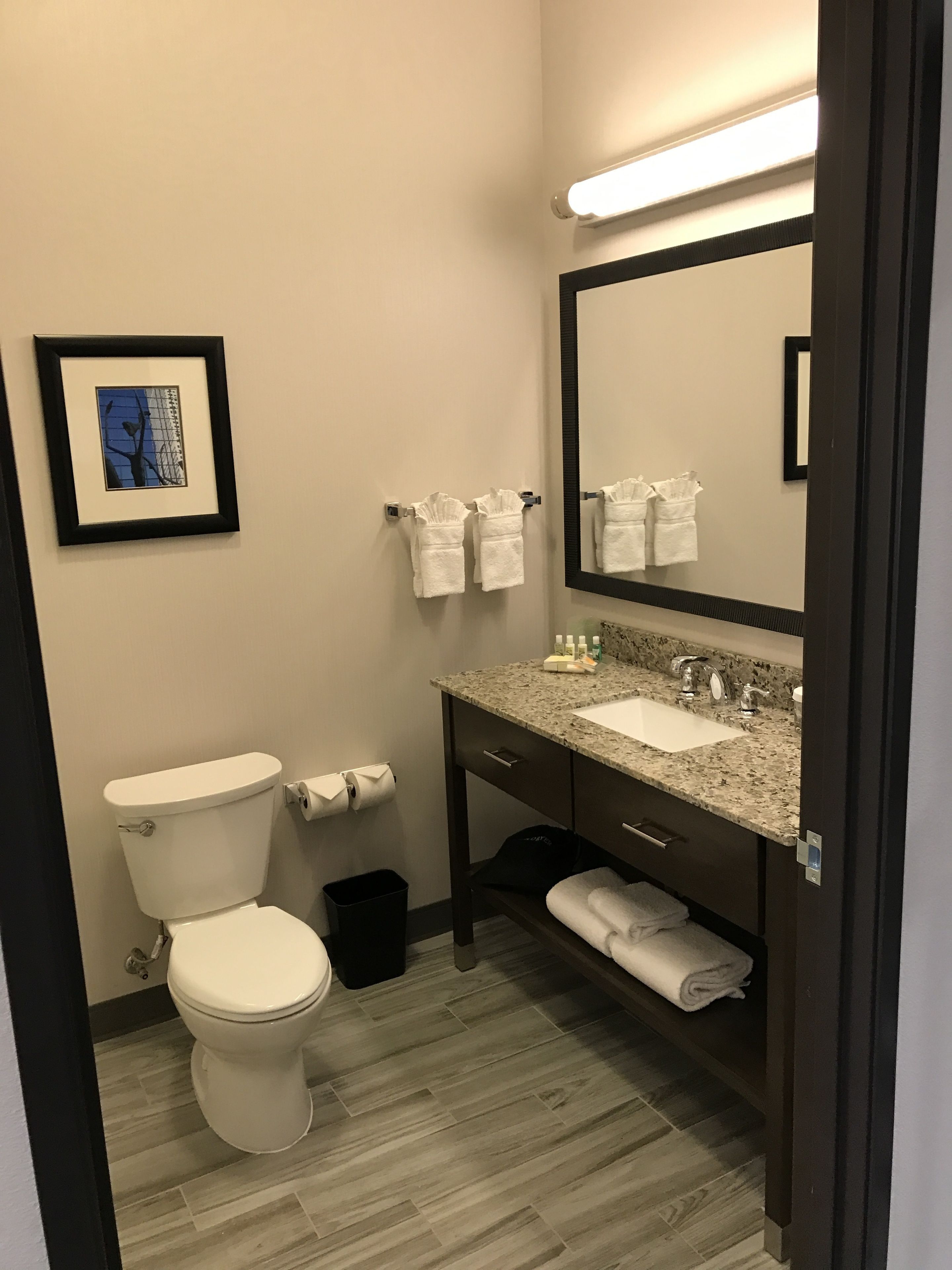 Un baño moderno con inodoro, lavamanos y espejo. Hay toallas en la pared y un cuadro enmarcado sobre el inodoro.