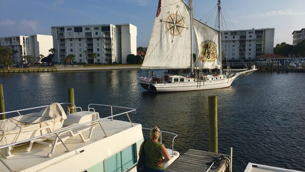 Un velero amarrado en un puerto deportivo con un paisaje urbano al fondo.