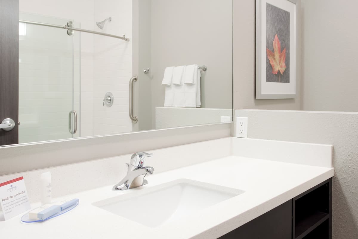Un baño con un lavabo blanco, un espejo, ducha y un cuadro en la pared.