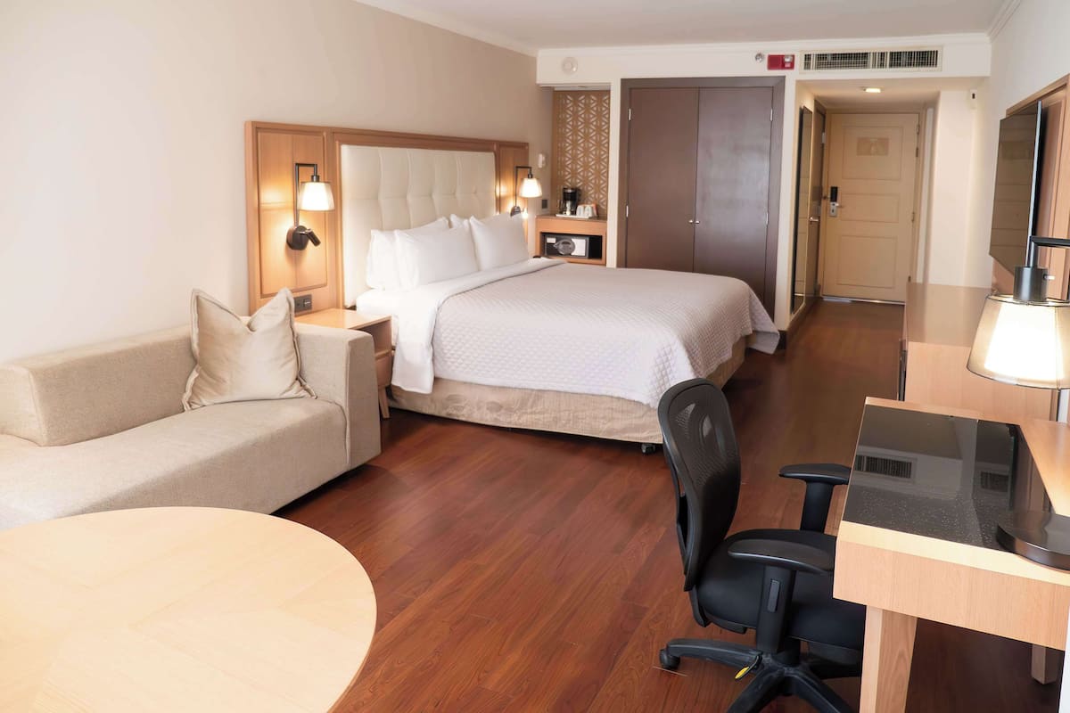 Room, 1 King Bed, Accessible (Roll-In Shower) | Living area | Flat-screen TV
