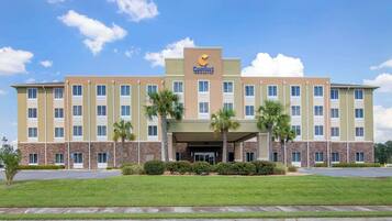 Experience the inviting atmosphere of this hotel, featuring a central entrance surrounded by palm trees and a well-maintained lawn.