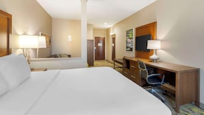 A hotel room with a large bed, a desk with a chair, a television, and a mirror.