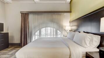 Habitación de hotel con una cama grande, televisión, escritorio y vista a árboles a través de cortinas translúcidas.