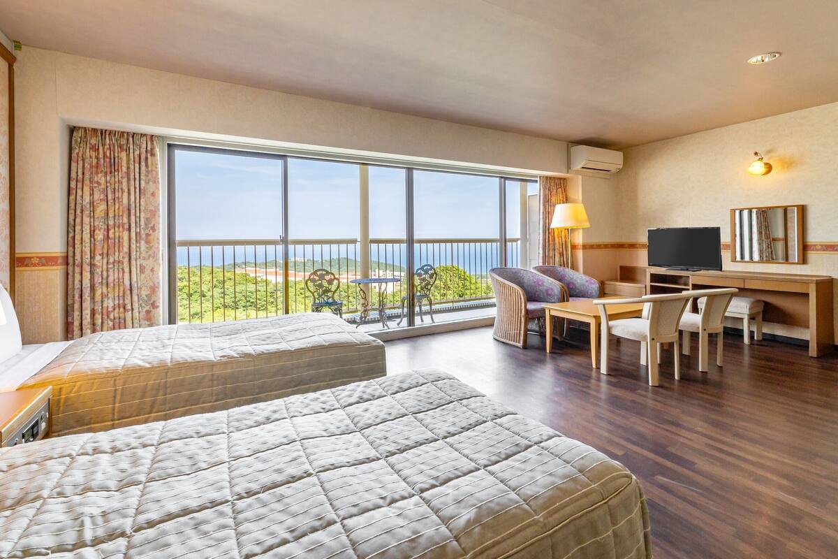 Habitación de hotel con dos camas, un escritorio con televisor, una silla y vistas al exterior.