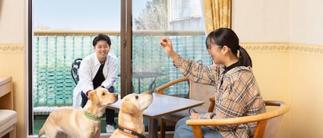 A room with a bed, a table, and two dogs.