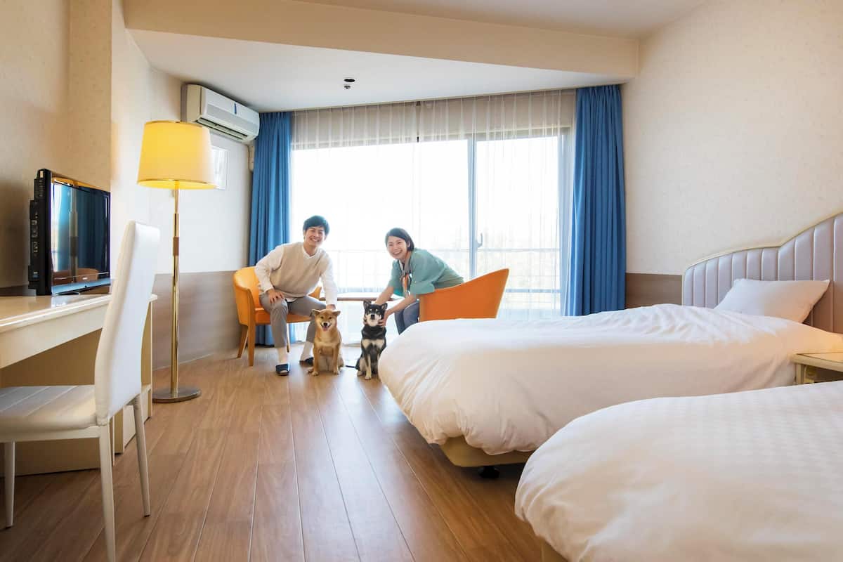 Een hotelkamer met twee bedden, een bureau met lamp, een televisie en een raam met gordijnen.
