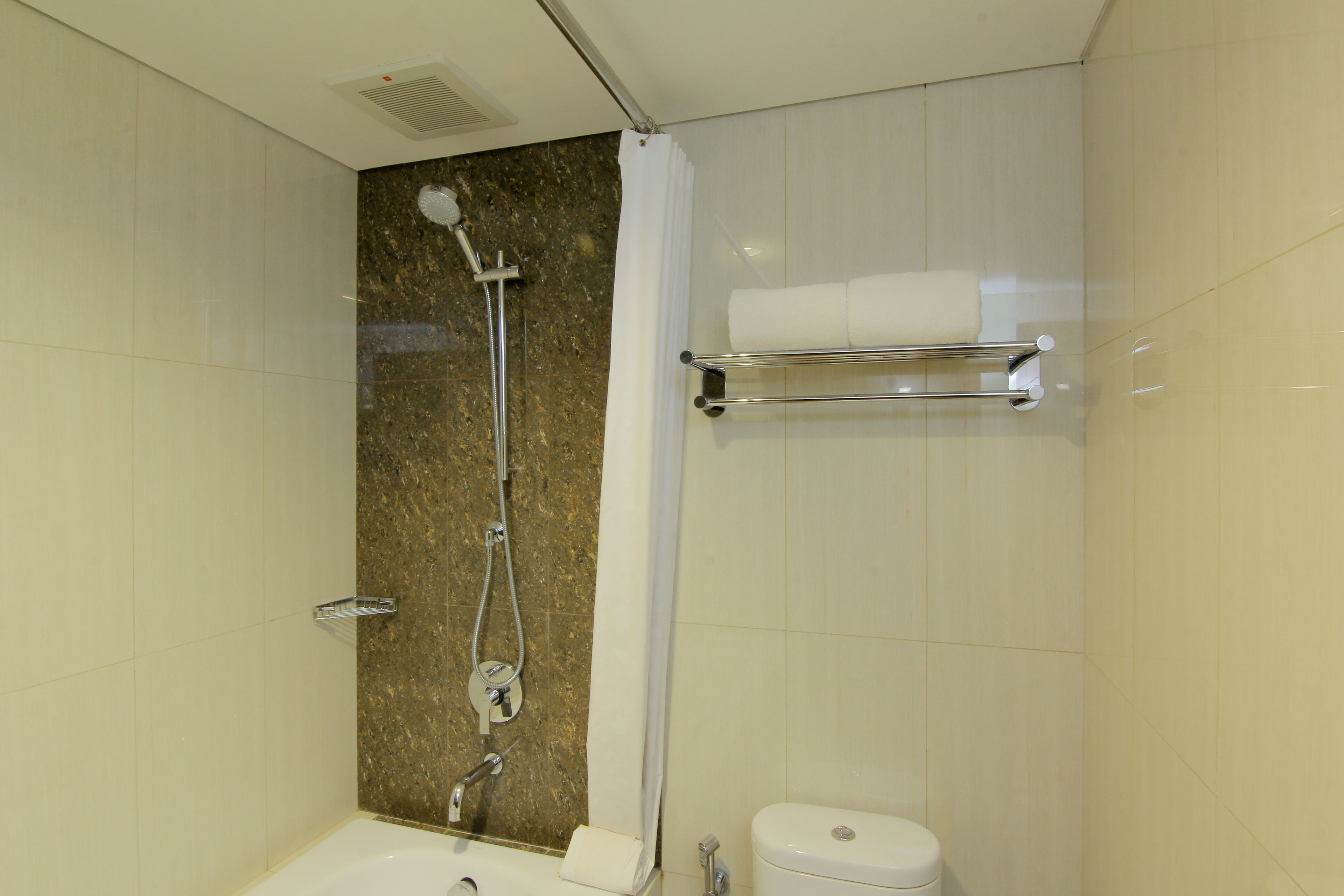 A bathroom with a shower, toilet, and towel rack.
