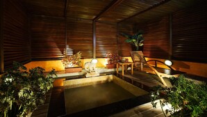 Interior de madera con una pequeña piscina, zona de estar y plantas en macetas.