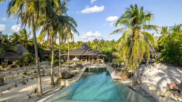 A resort with a swimming pool, lounge chairs, and palm trees. - SEED Resort (Rote Island)