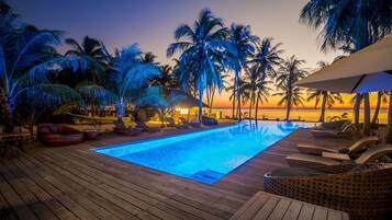 Outdoor pool, open 9:30 AM to 9:00 PM, pool umbrellas, pool loungers
