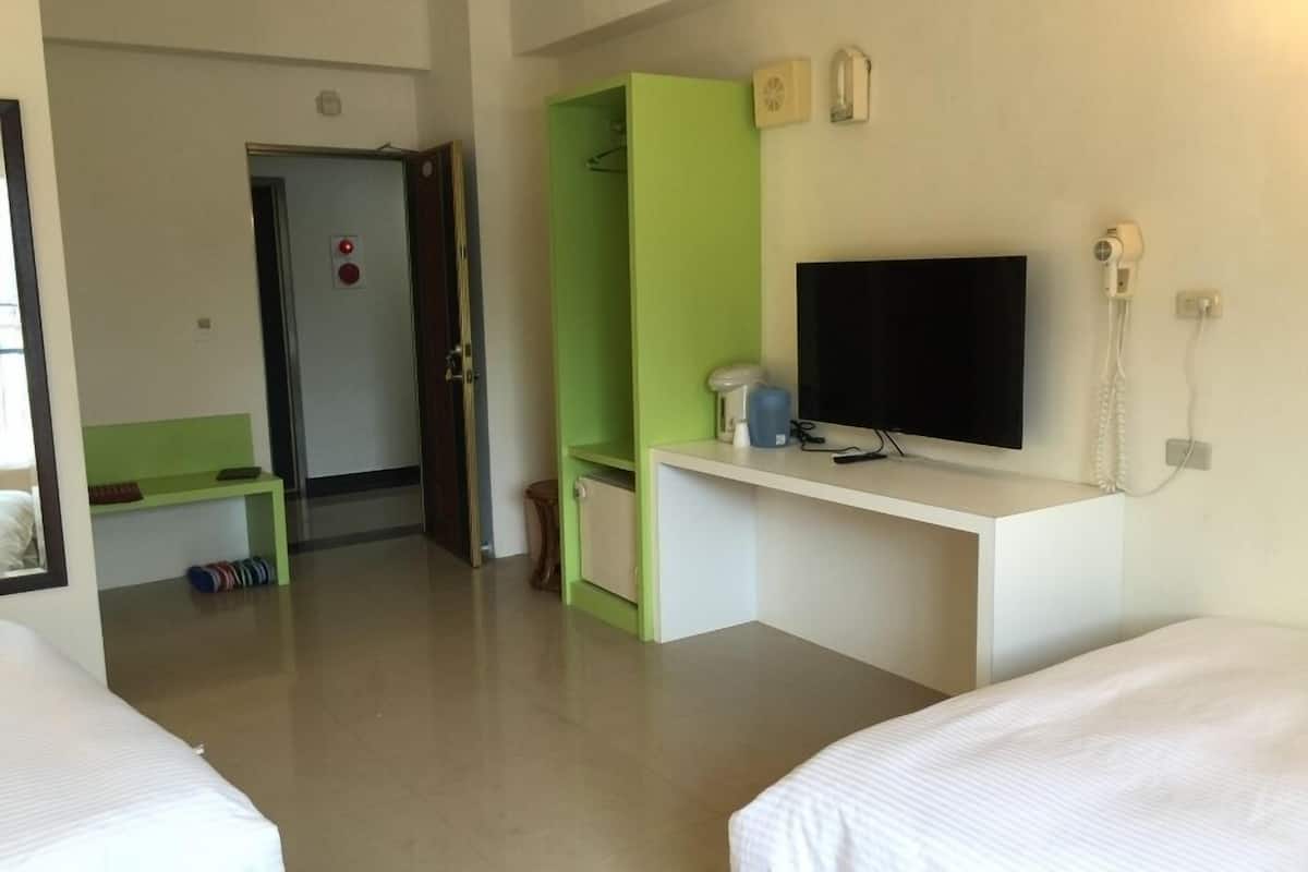 A hotel room with two beds, a desk with a TV, a telephone, and a green wardrobe.