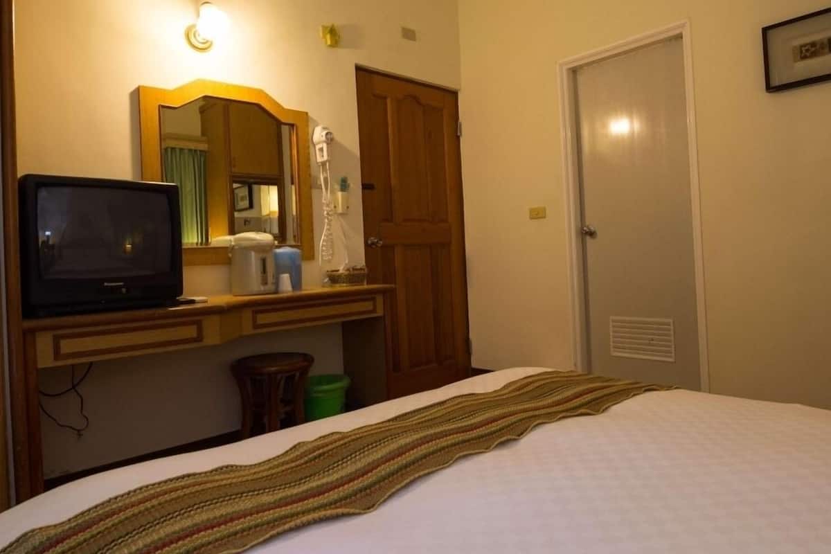 A hotel room with a bed, a television on a wooden dresser, a mirror, a door, and a small trash bin.
