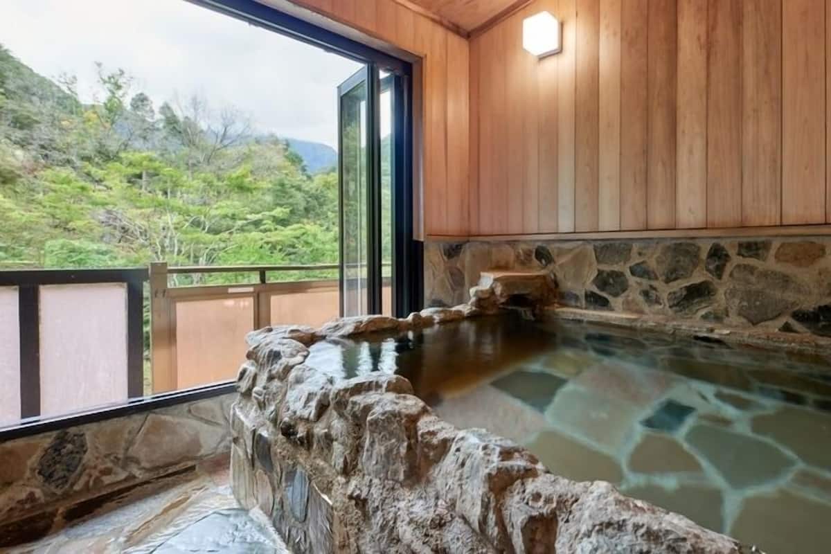 A hot spring bath with stone walls and a wooden ceiling, a stone ledge, and a view of greenery outside.
