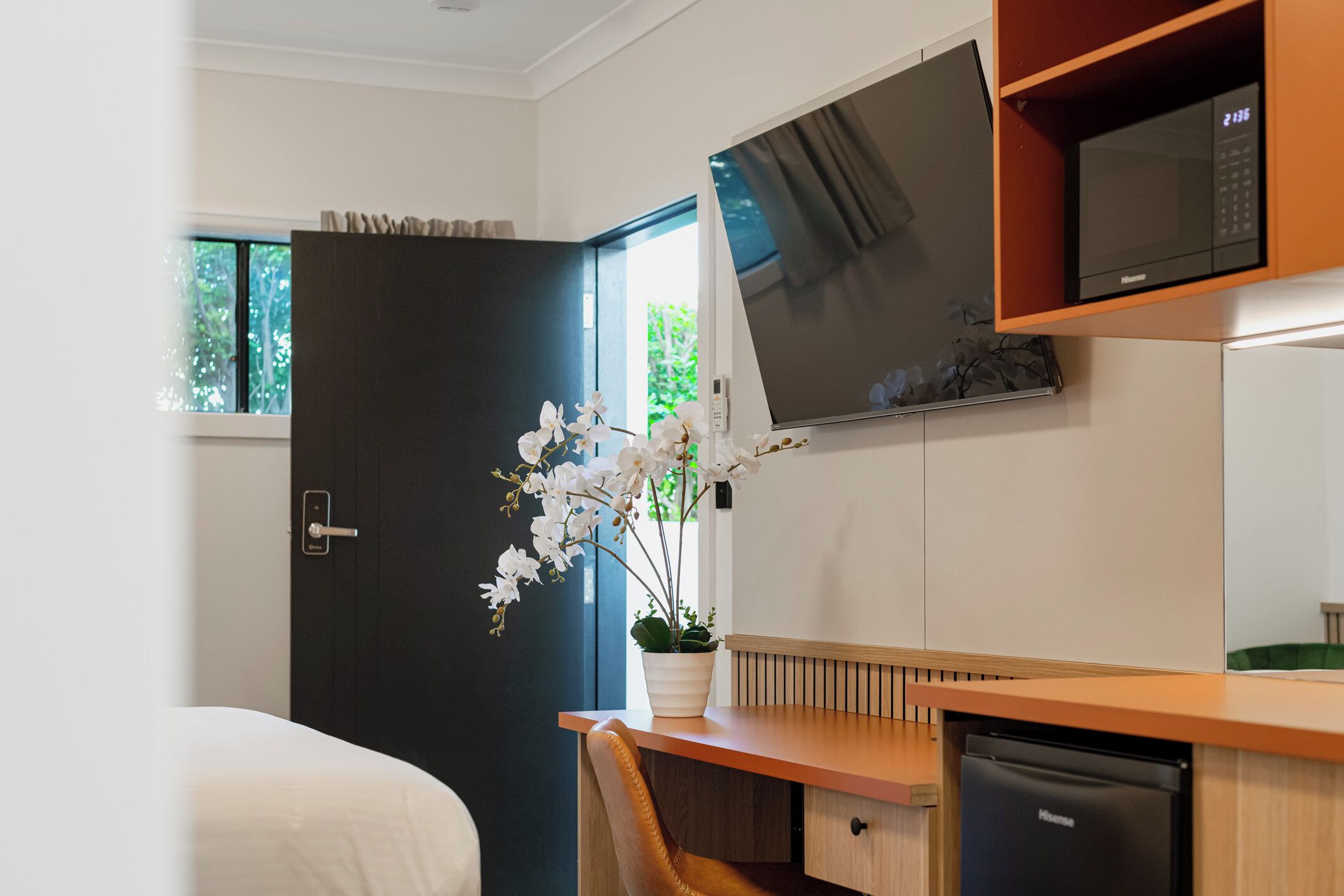 A hotel room with a bed, a desk with a microwave, a television, and a potted orchid.