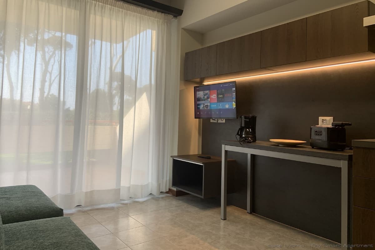 A modern kitchenette with a flat-screen TV displaying streaming services, a coffee maker, and a small seating area with a couch.