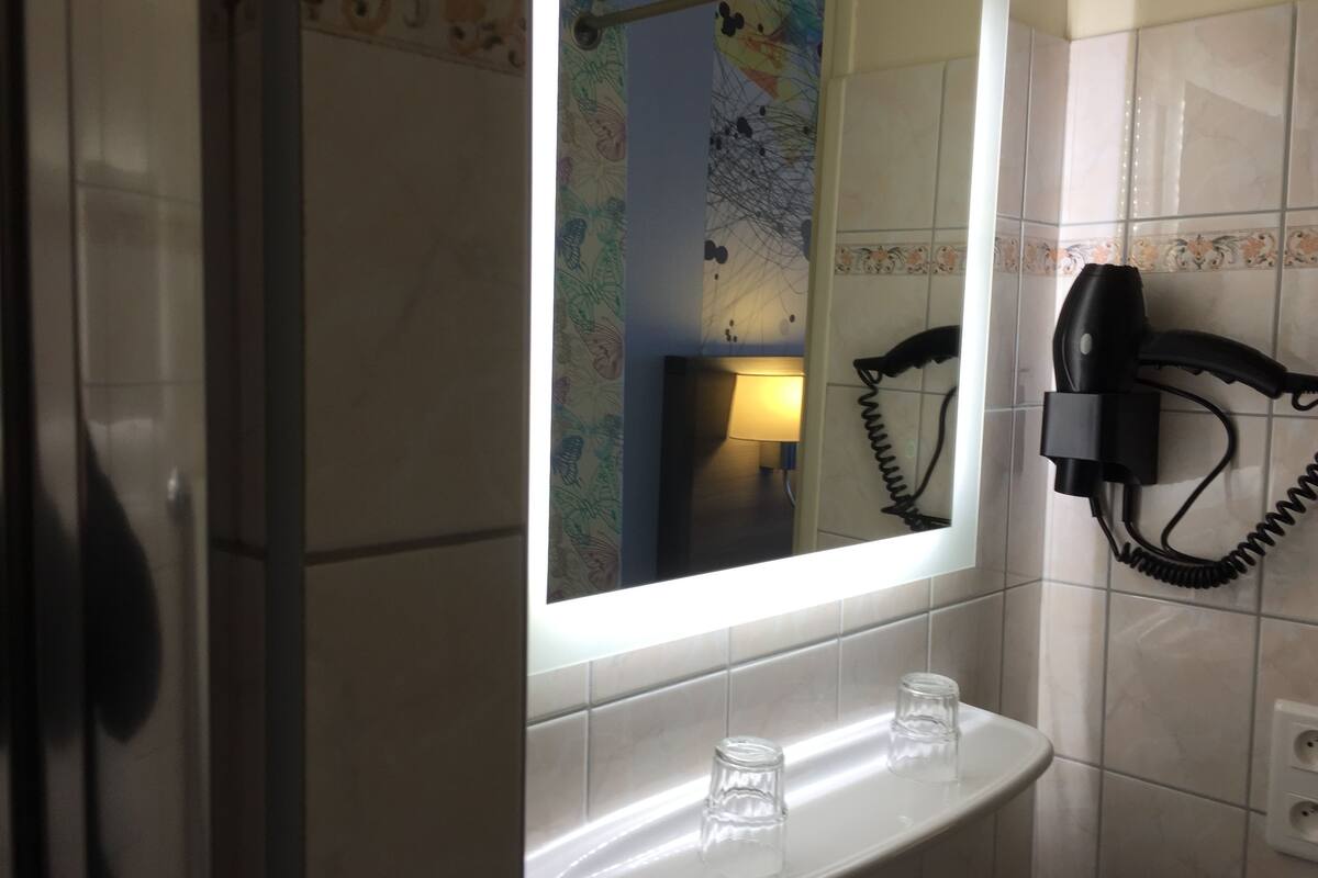 shower, designer toiletries, hair dryer, towels