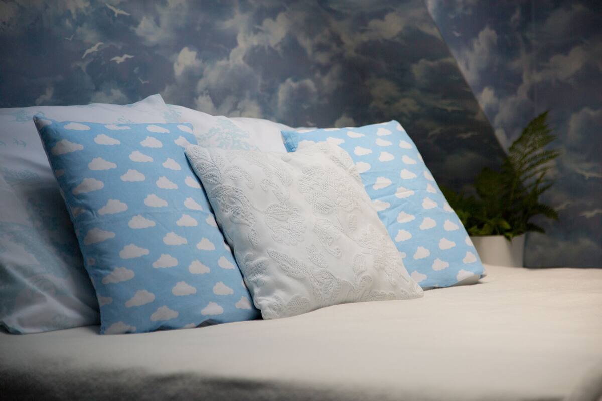 A bed with blue pillows with cloud patterns, a white pillow with a leaf pattern, and a potted plant to the right.
