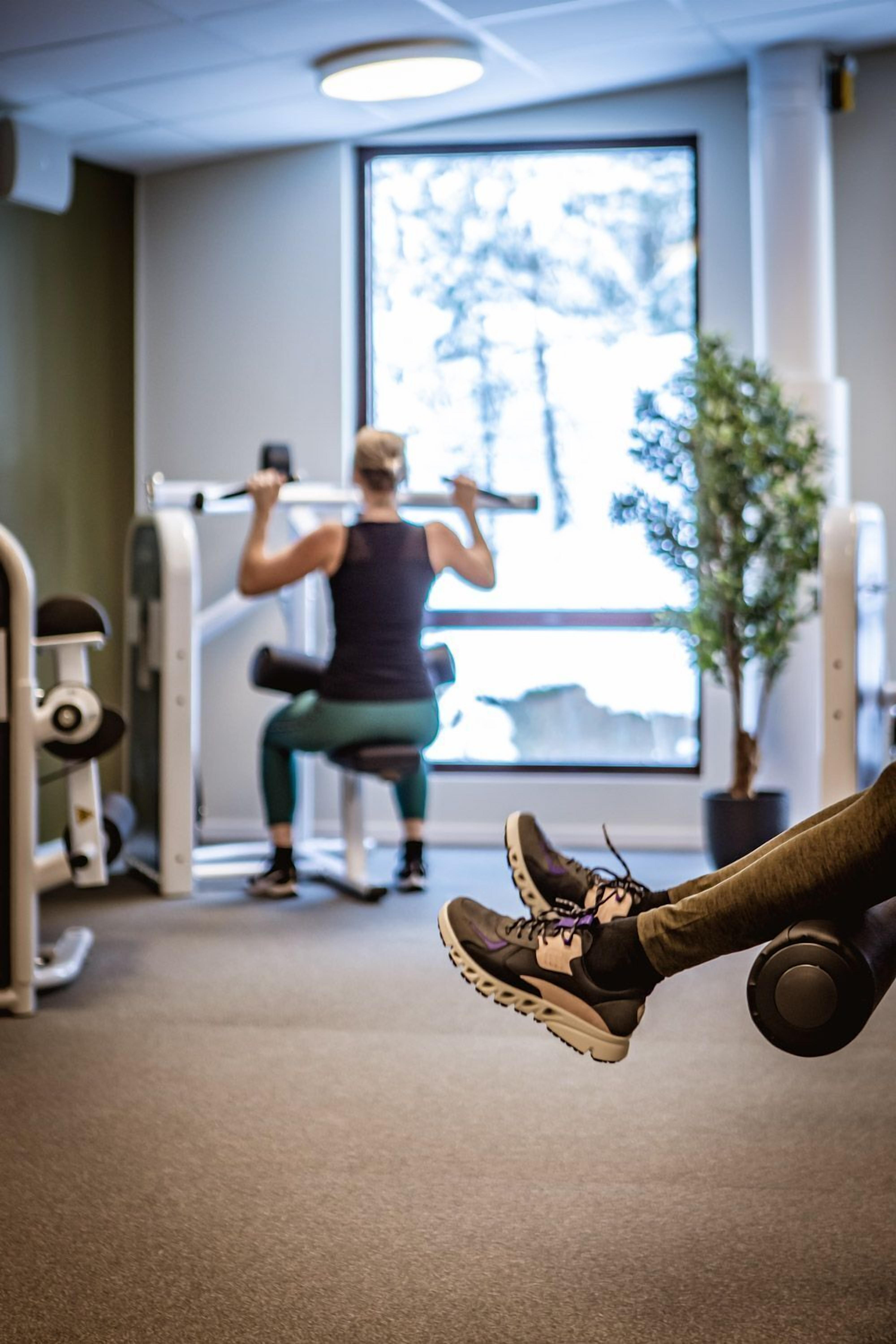 Un gimnasio con equipo de ejercicio, un ventanal grande y una planta en maceta.