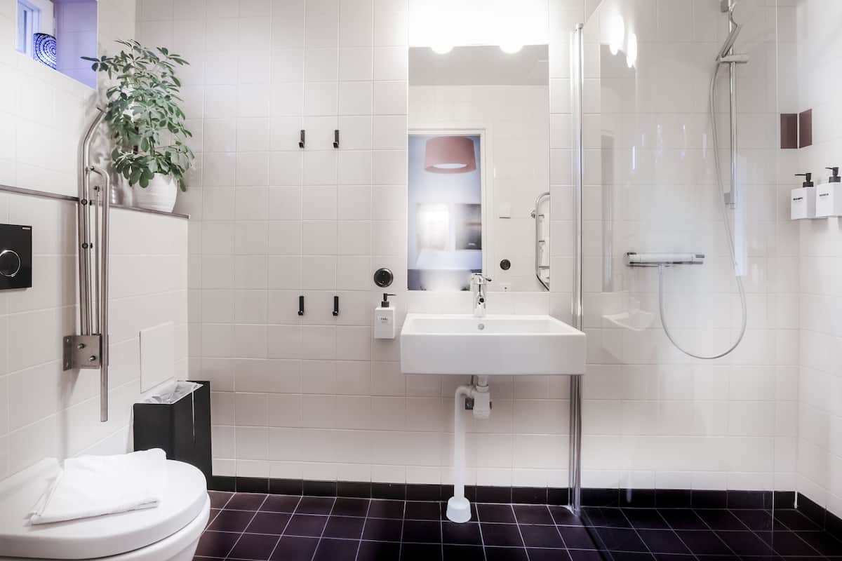 shower, free toiletries, hair dryer, towels