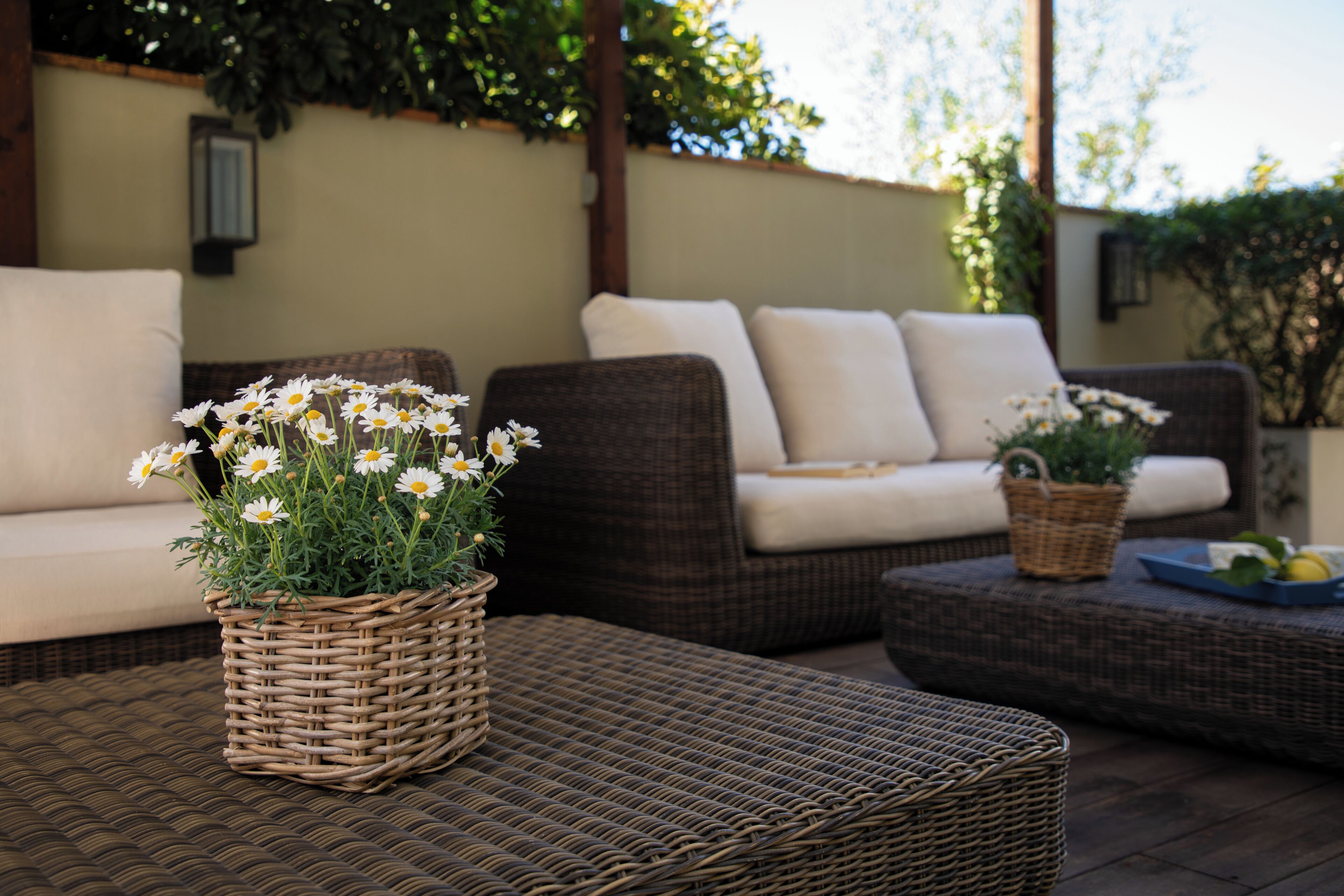 Muebles de mimbre, una cesta de mimbre con flores y un reposapiés de mimbre.
