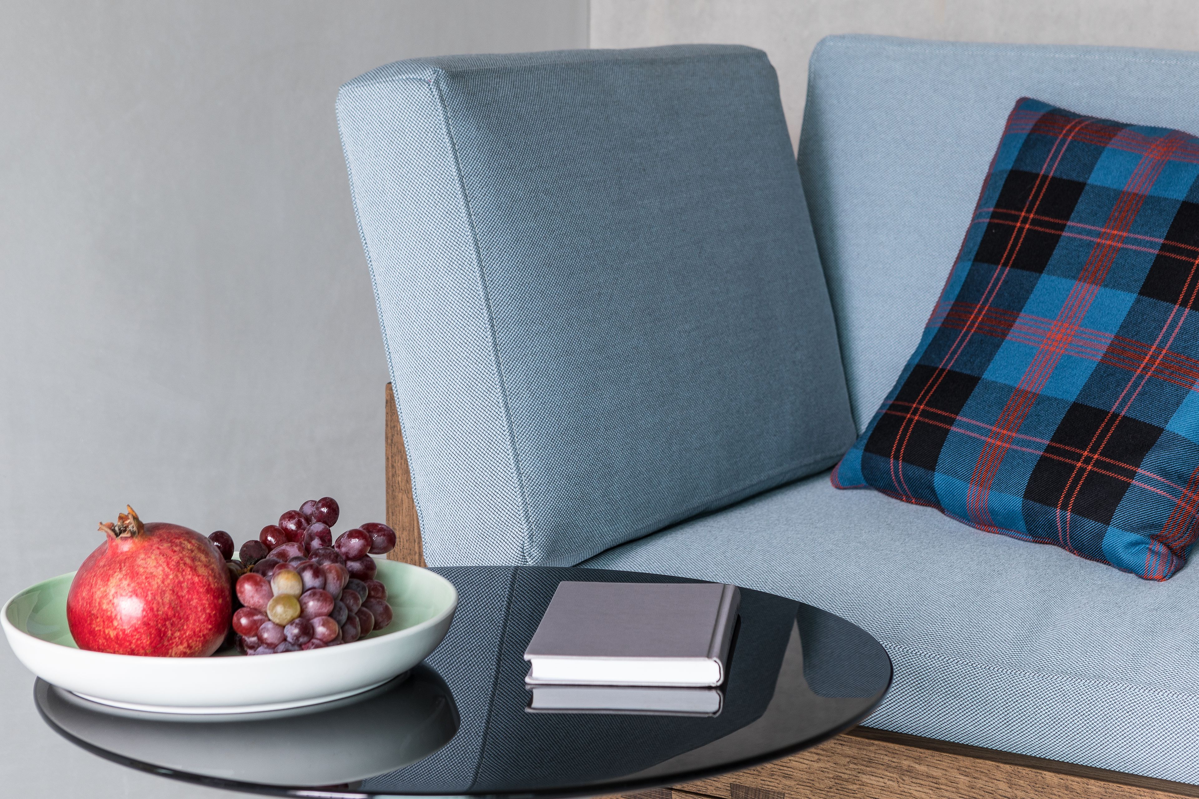 Een moderne woonkamer met een bank, een ruitjes kussen, een schaal met fruit en een boek op een glazen tafel.