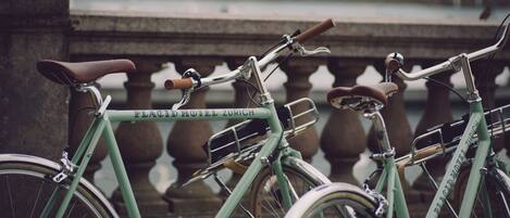 A bicycle with "Placid Hotel Zurich" written on it, parked near a stone balustrade by a body of water.