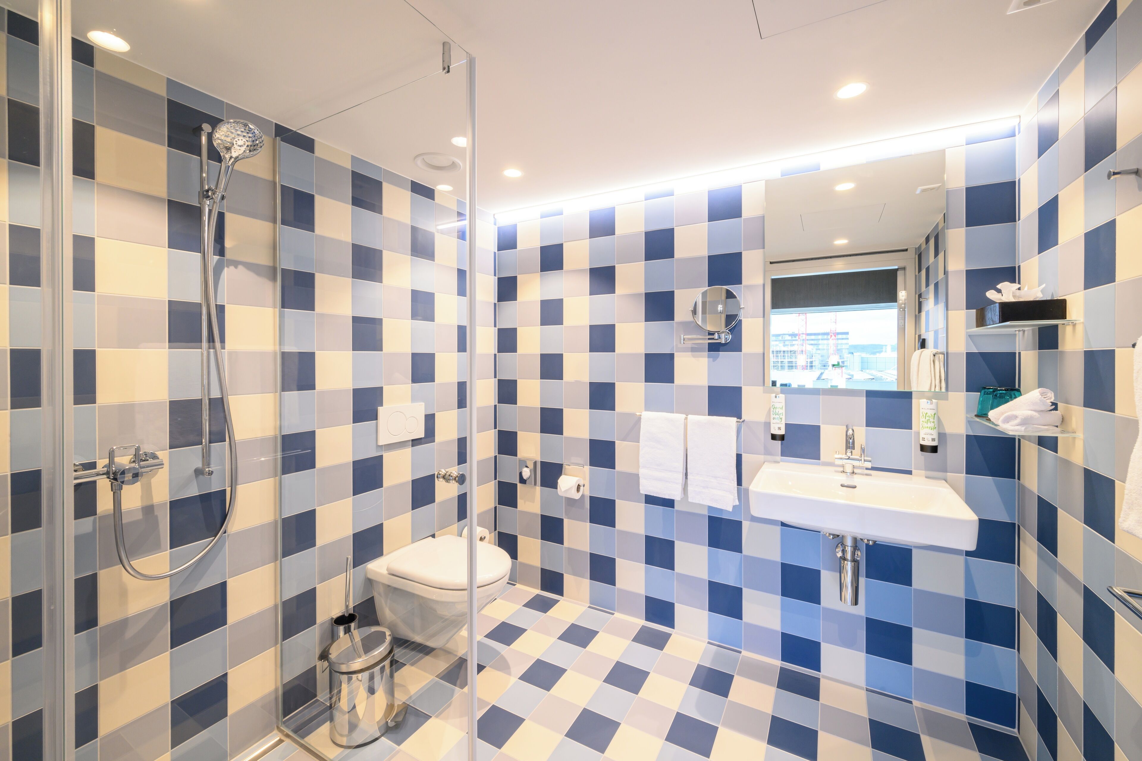 Een badkamer met een zwart-wit betegelde vloer, een douchecabine van glas, een toilet, een wastafel en een spiegel.