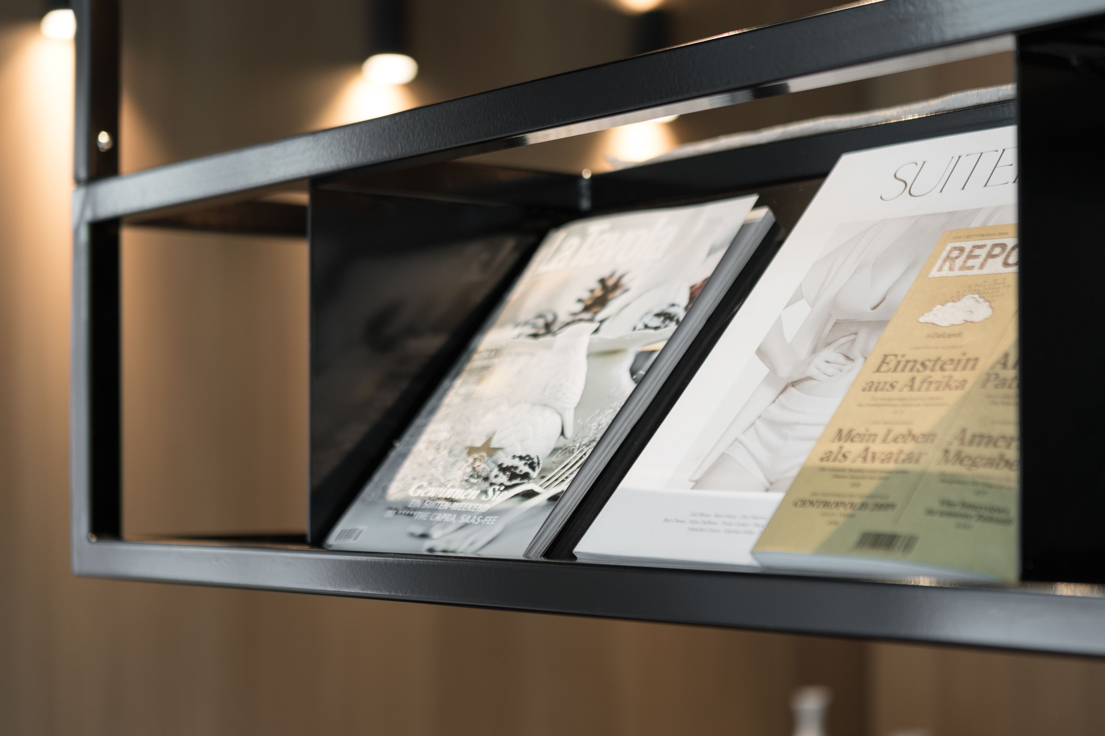 Una estantería con revistas y libros.