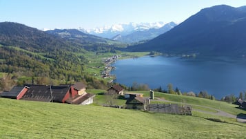 A panoramic view of a lakeside village with houses, a road, and mountains in the background.