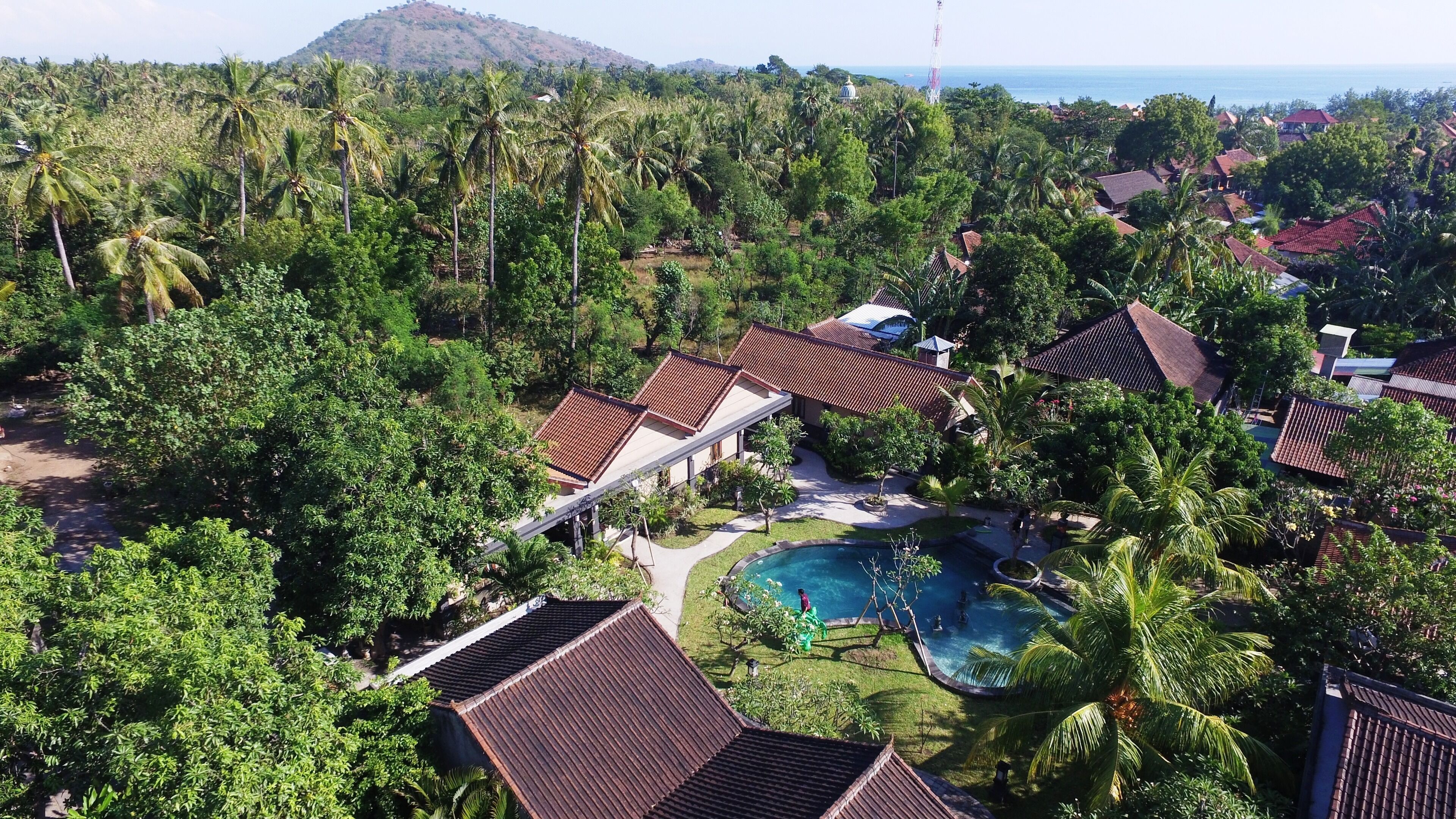 A resort with a swimming pool surrounded by lush greenery and palm trees, with a view of the sea and a mountain in the background.