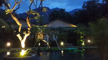 Ein Garten bei Nacht mit Teich, beleuchteten Pflanzen und Bergblick.