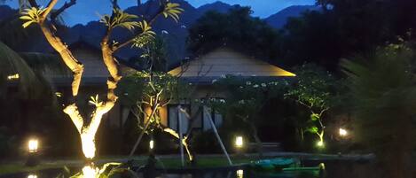 A nighttime view of a garden with a pond, illuminated plants, and a mountain backdrop.