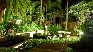 A well-lit garden with a small pond, surrounded by various tropical plants and trees.
