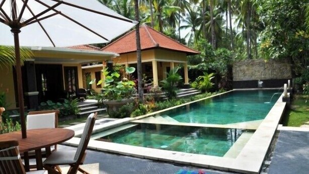 A swimming pool with a lounge area, a covered seating area, and lush tropical vegetation.