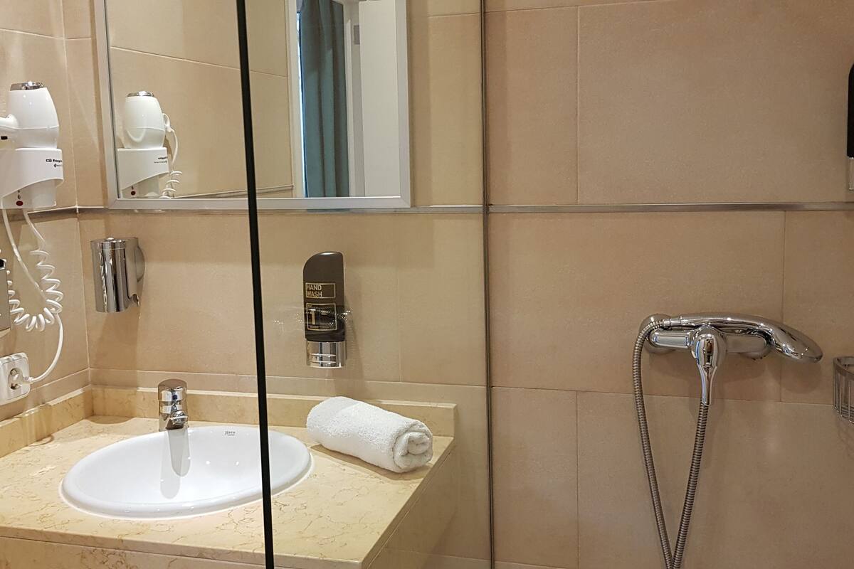 classic double room (petite boutique) | bathroom | shower, free toiletries, hair dryer, towels