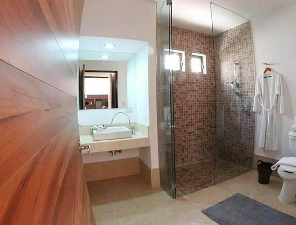 shower, designer toiletries, hair dryer, bathrobes