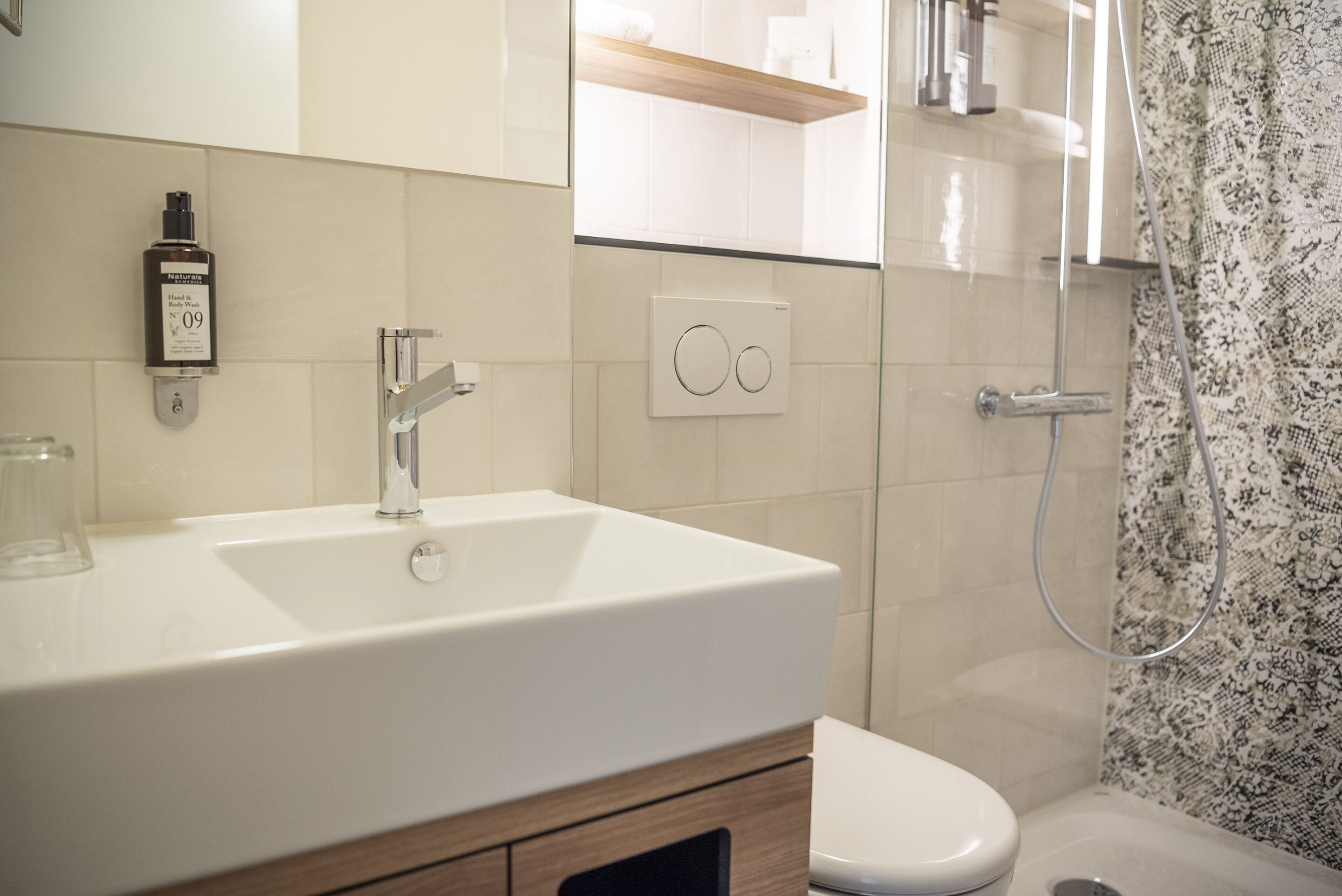 shower, eco-friendly toiletries, towels