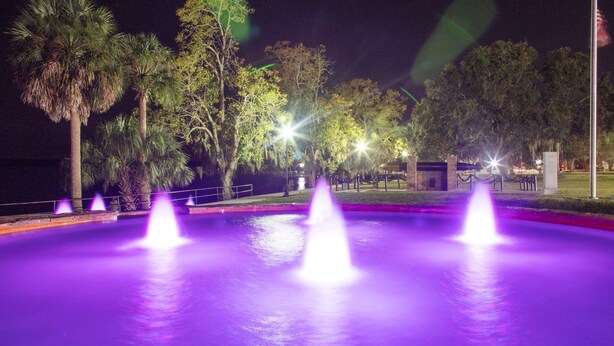 Vista nocturna de una fuente iluminada de morado, rodeada de árboles y un edificio al fondo.