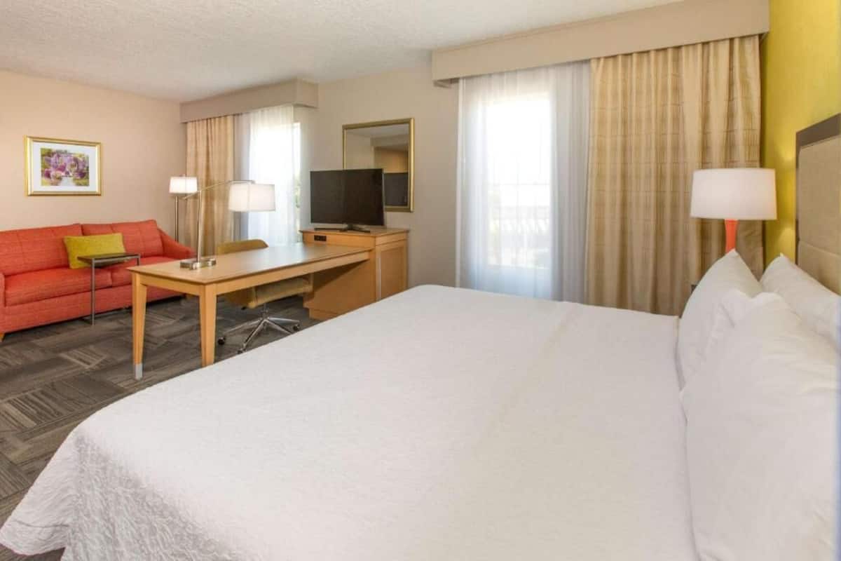 Habitación de hotel con cama, escritorio, silla, televisor y sofá.