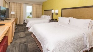 Habitación de hotel con dos camas, un escritorio y televisión, y vistas al exterior.
