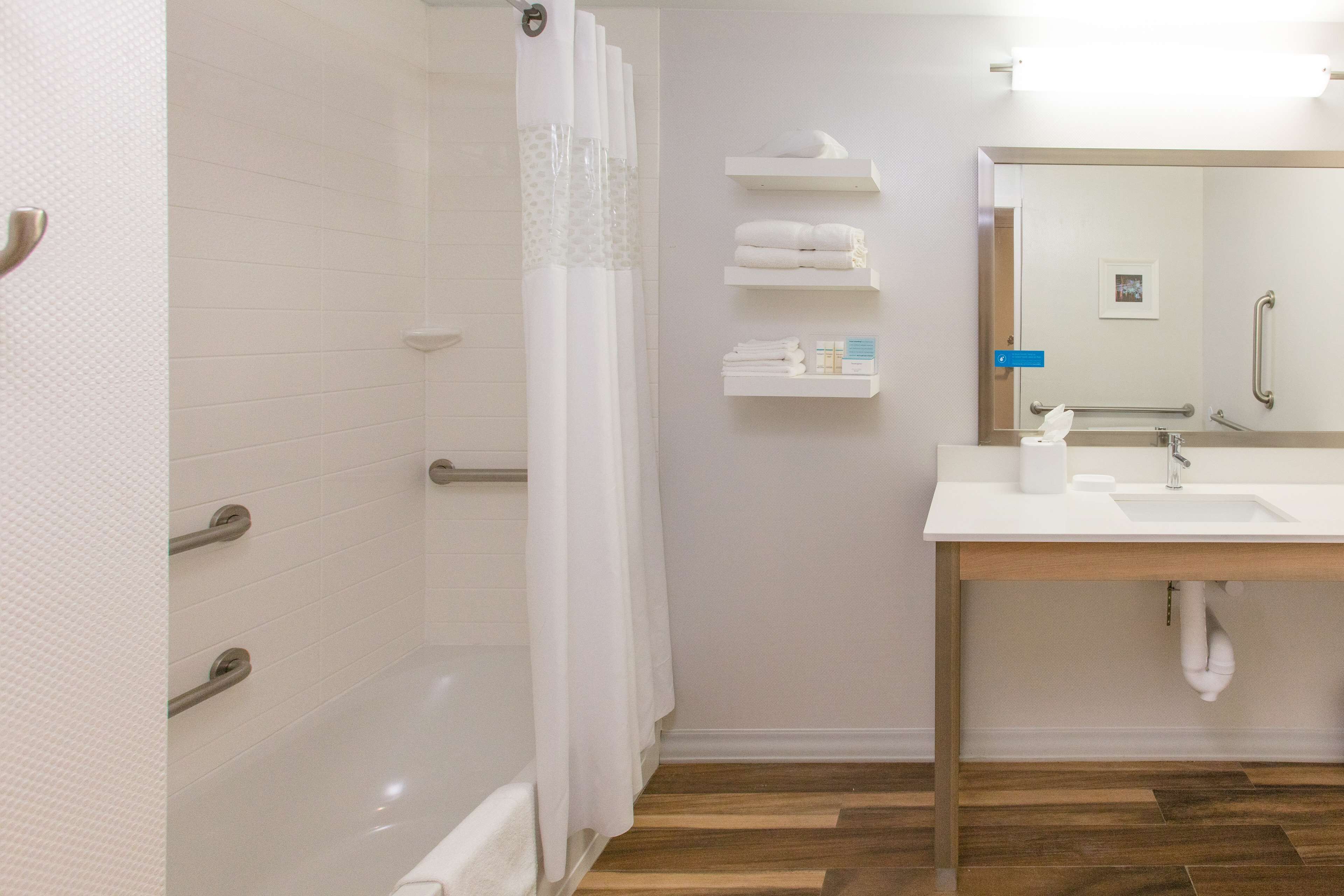 A modern bathroom with a shower, a sink, and a mirror.