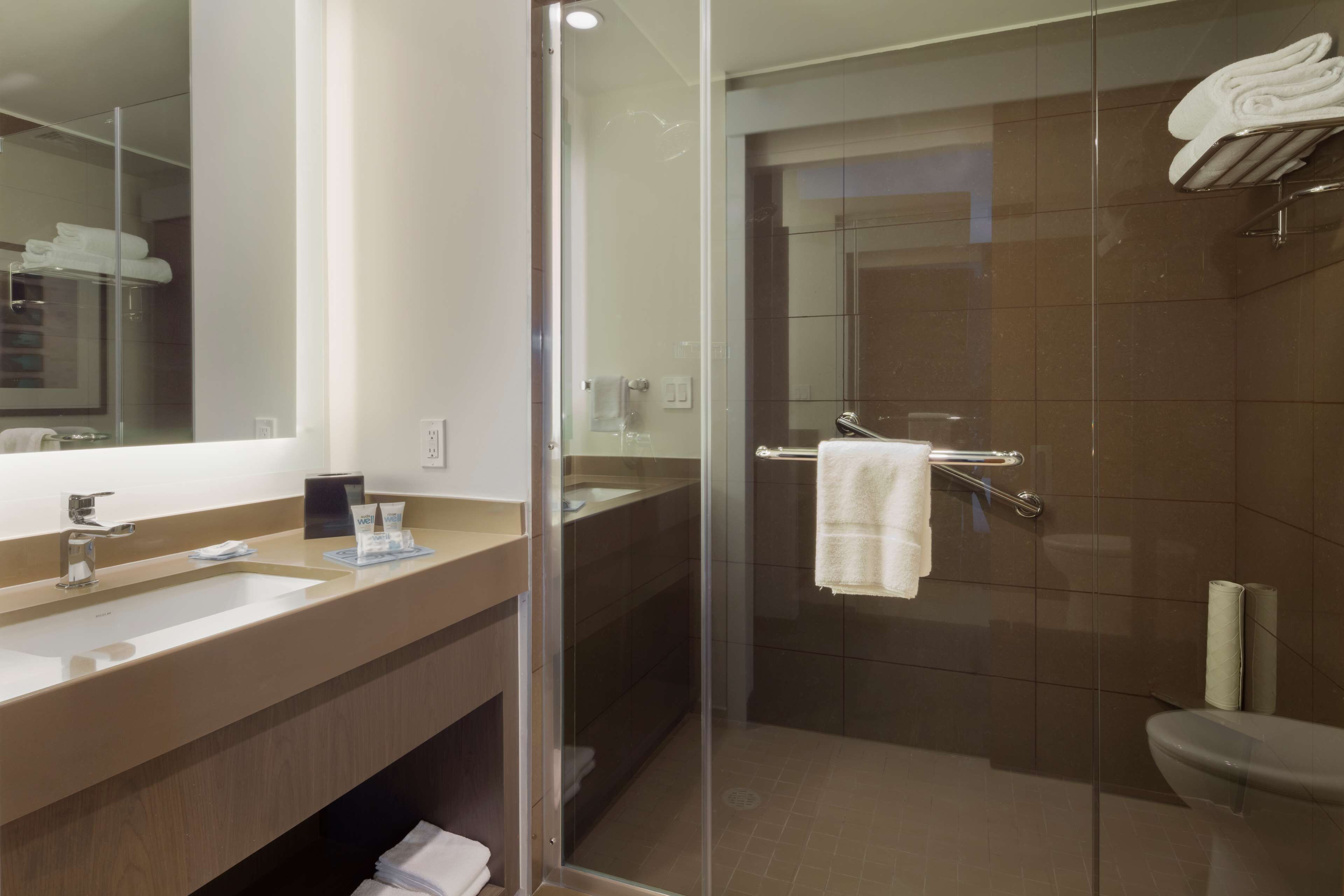 Une salle de bain moderne dotée d’une douche à parois de verre, d’un grand miroir et d’un meuble-lavabo avec deux vasques.