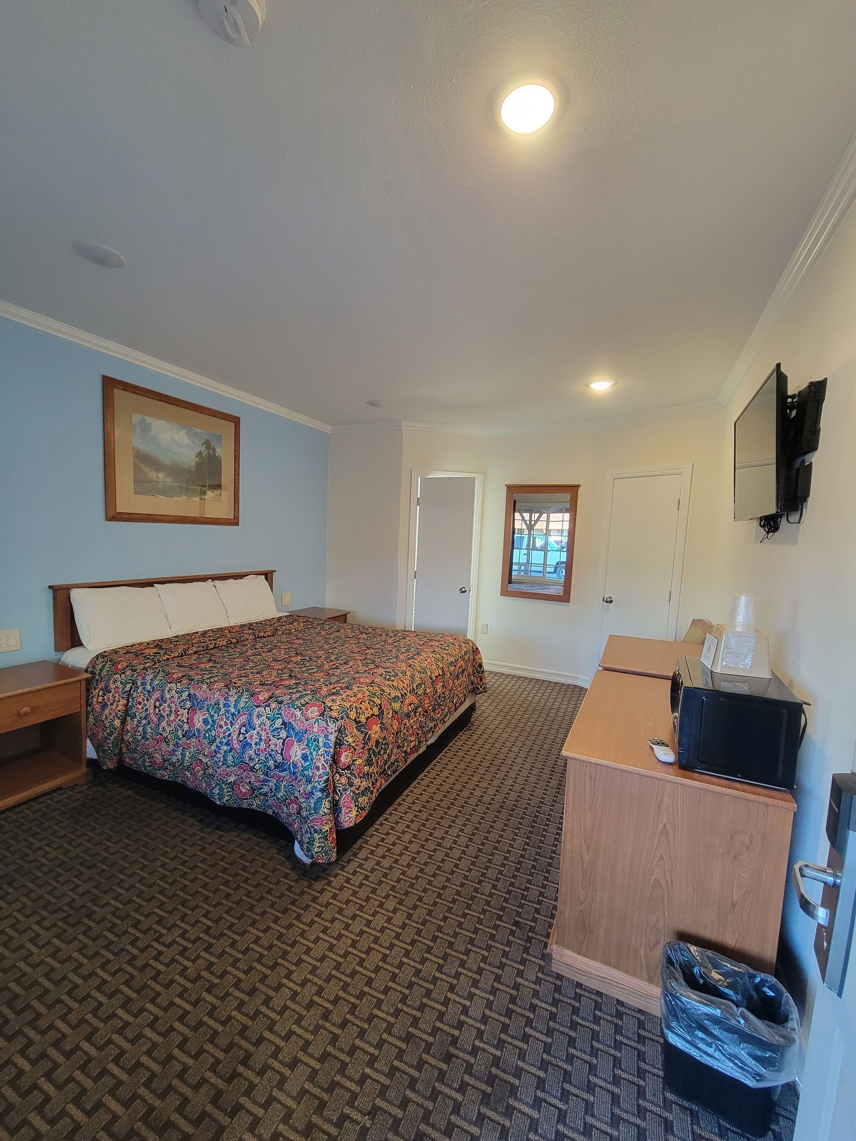 A hotel room with a bed, a desk, a television, and a trash bin.