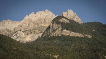 Eine Berglandschaft mit steilen Felsen und dichtem Wald.