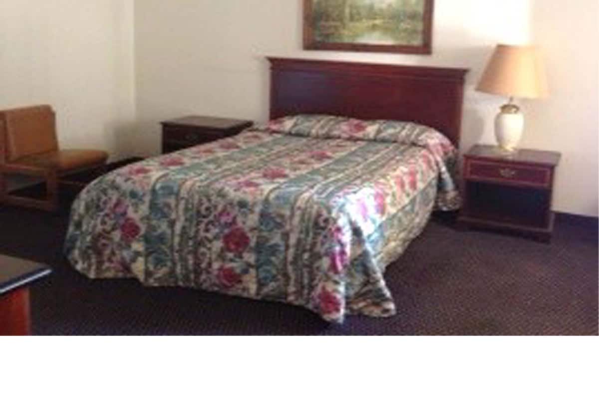 A hotel room with a bed, a chair, a nightstand, a lamp, and a painting on the wall.