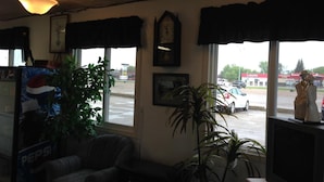 A room with a large window, a chair, a plant, and a television. - Plains Motor Inn (Stettler)