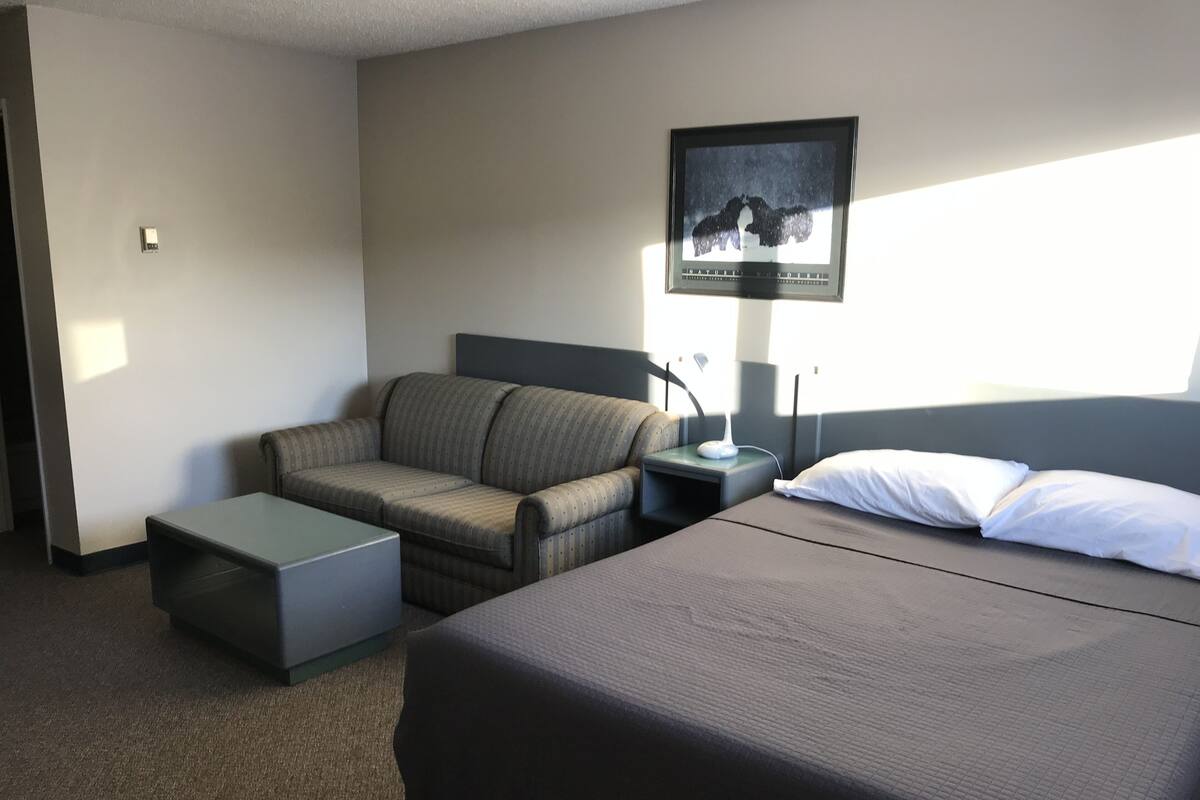 A hotel room with a bed, a sofa, a small table, a nightstand, a lamp, and a framed picture on the wall.