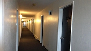 A long, narrow hotel corridor with doors on both sides, a carpeted floor, and a ceiling light fixture. - Plains Motor Inn (Stettler)