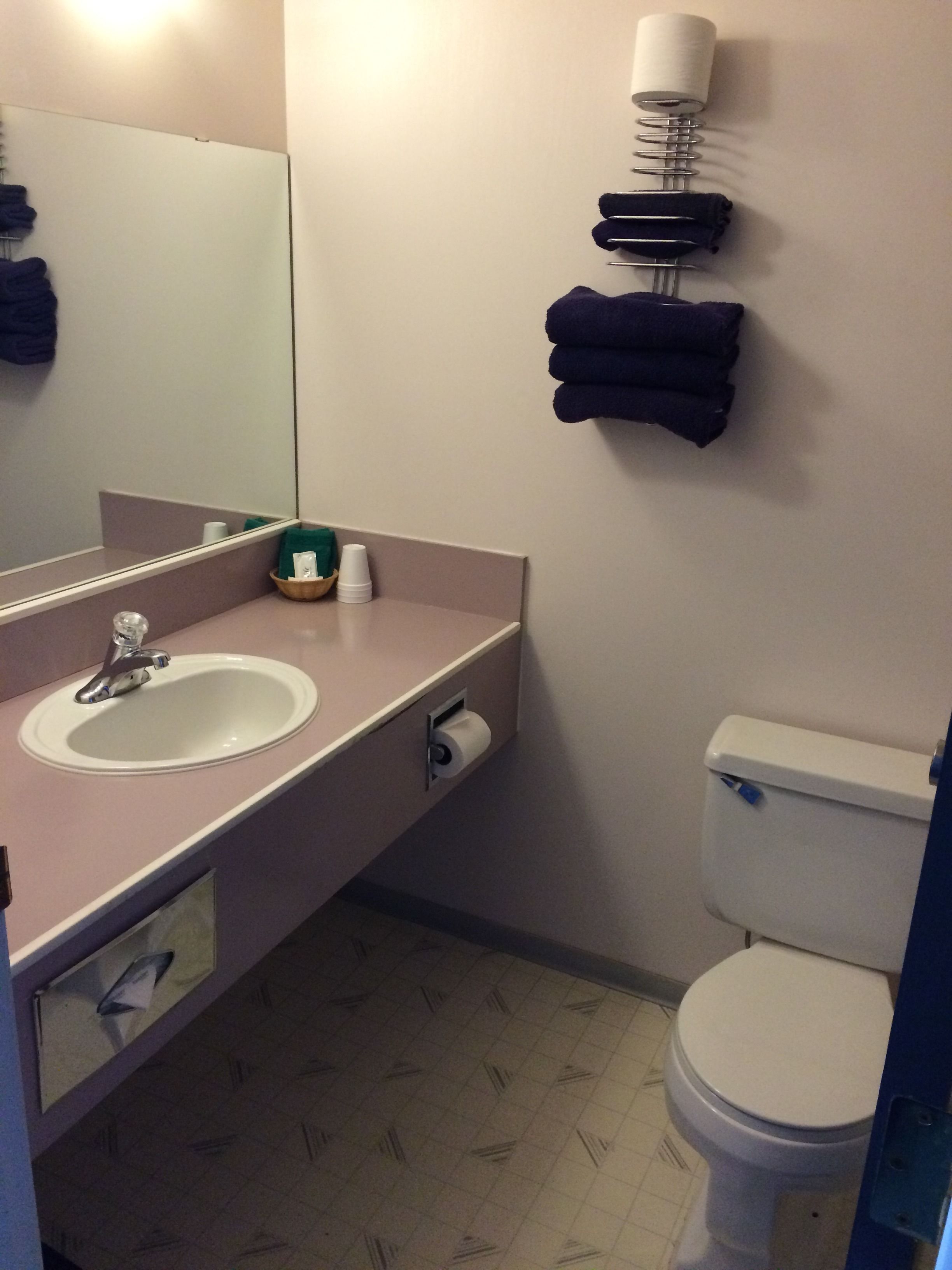 A bathroom with a sink, mirror, toilet, and towel rack.