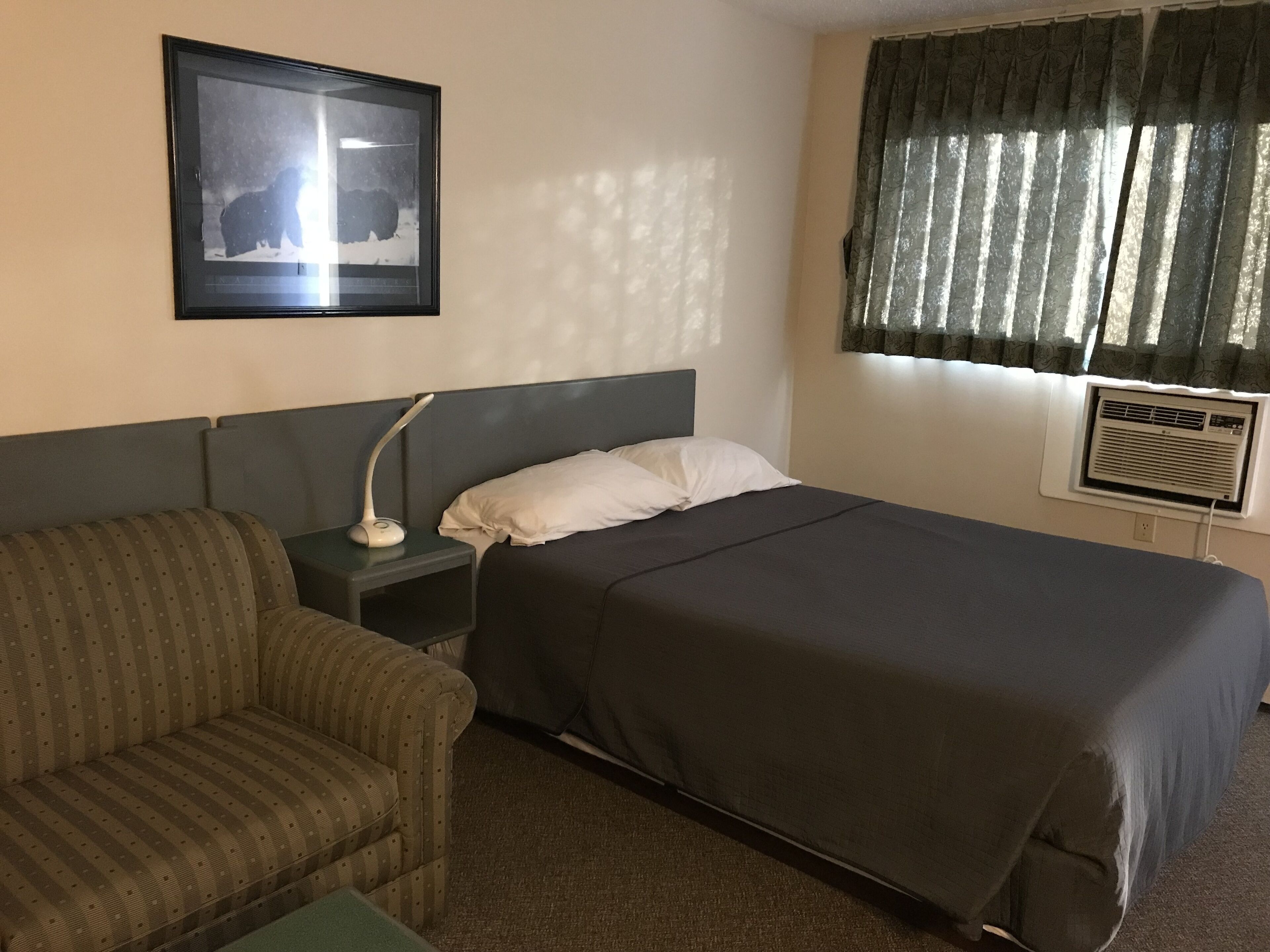 A hotel room with a bed, a chair, a nightstand with a lamp, a framed picture on the wall, and an air conditioning unit.